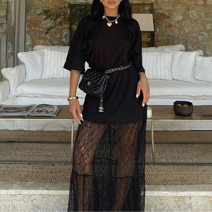 Lace Dress Round Neck Shirt with Stitching Lace Trim Women's Dress