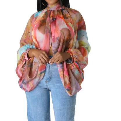 Womens Chiffon Blouse Sexy See Through Lantern Sleeve Front Back Open High Neck Blouses Tops