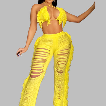 Tassel Knitted Pants Two Piece Set Resort Outfit Vacation Outfit Beach Cover Up
