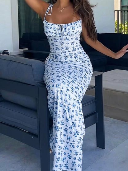 Women Elegant Floral Print Spaghetti Strap Dress with Drawstring Waist