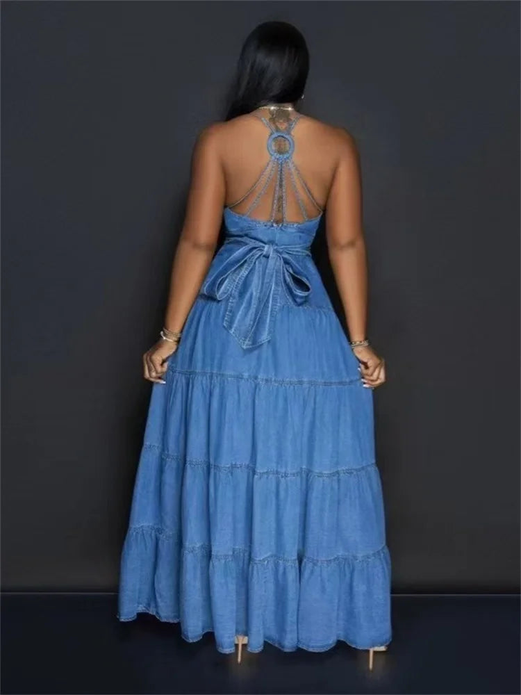 Elegant Sexy Deep V Neck Halter Denim Maxi Dress