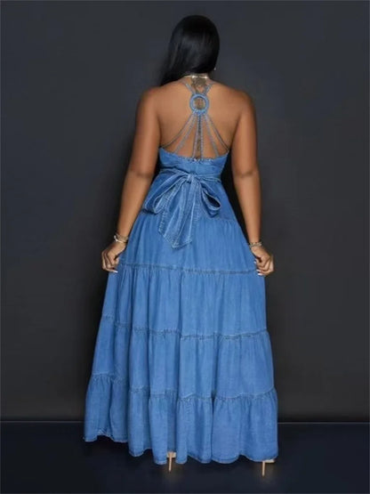 Elegant Sexy Deep V Neck Halter Denim Maxi Dress