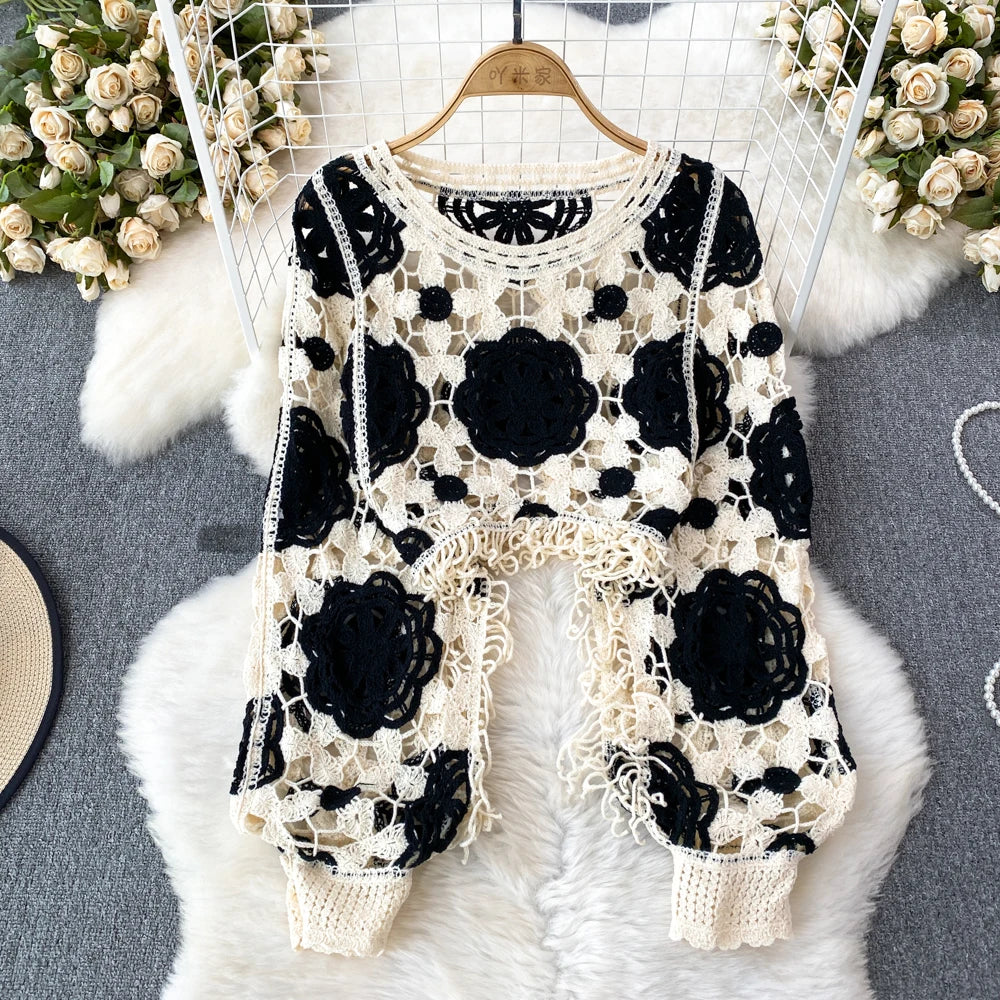 Sunscreen Hook Summer Knit Top Women Elegant O Neck Hollow Out Lantern Sleeve Ladies Vacation Tassel Beach Blouse