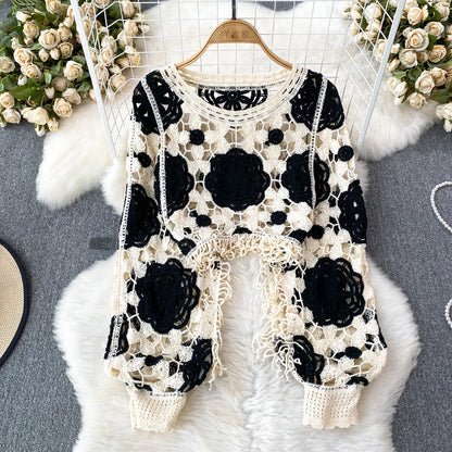 Sunscreen Hook Summer Knit Top Women Elegant O Neck Hollow Out Lantern Sleeve Ladies Vacation Tassel Beach Blouse