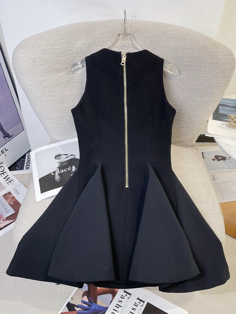 French Elegant Sleeveless A-Line Tunic Blouse Black Classic Gold Button