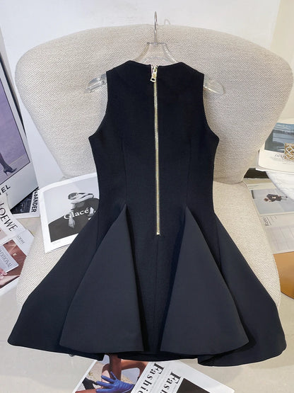 French Elegant Sleeveless A-Line Tunic Blouse Black Classic Gold Button