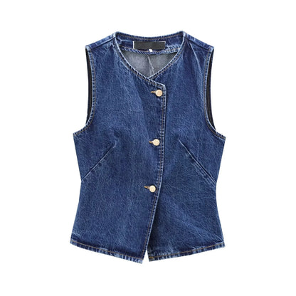 Women's Short Vest Blue Denim Vest Top Casual Cropped Sleeveless Top