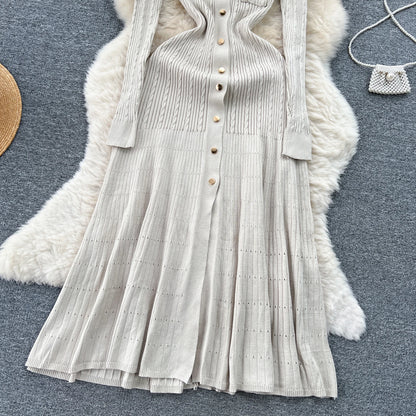 Women Polo Dress Single Breasted Pocket Design Bodycon Knitted Dress Sweater Midi Dress