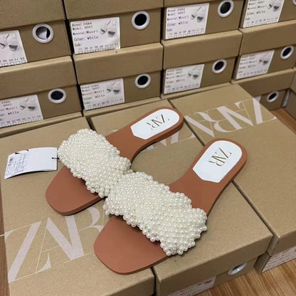 Women's White Pearl Weaving Flat Sandals