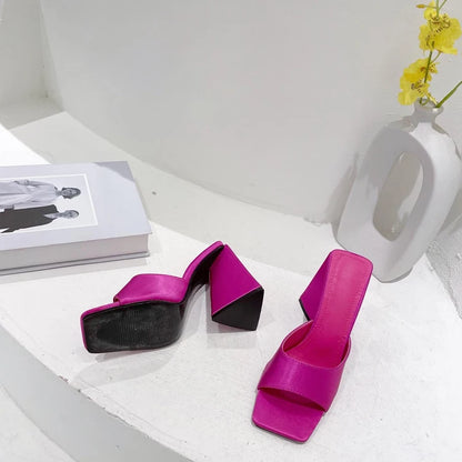 Silk Triangle Square Heels Heel Woman Slippers Sexy Street Party Square Toe Heels