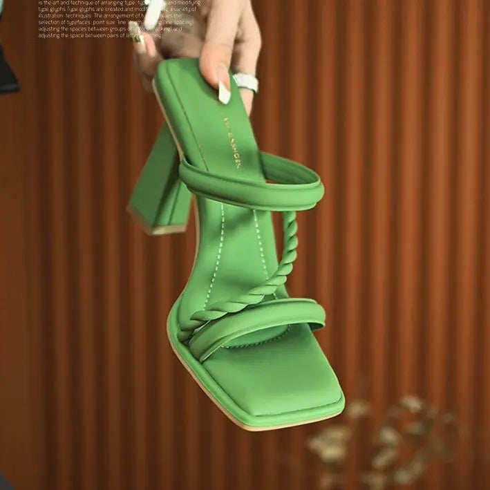 Heel Slippers for Women in Summer, Solid Square Heel High Heels