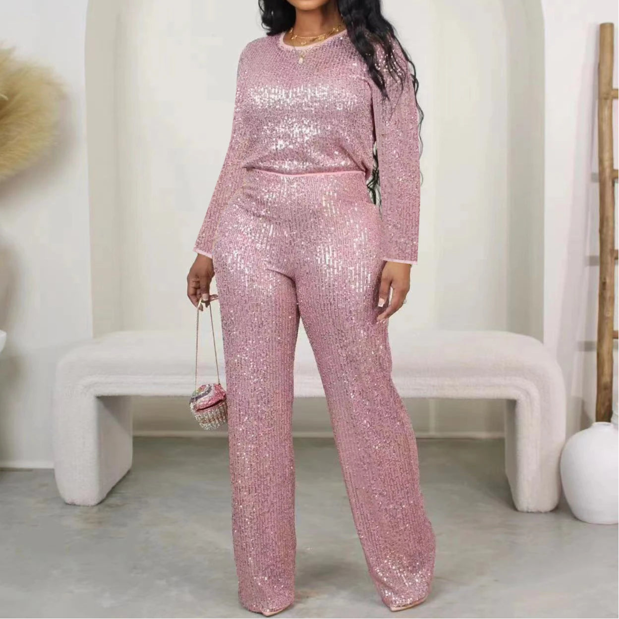 Casual Sequin 2 Piece Set Women Solid 2 Piece Outfit O Neck Long Sleeve Pants Suit