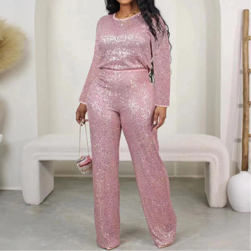 Casual Sequin 2 Piece Set Women Solid 2 Piece Outfit O Neck Long Sleeve Pants Suit