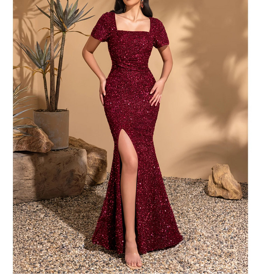 Sequined short-sleeved Prom Dress Hip Hugging Evening Gown