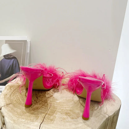 Fur Feather High Heels Slippers Sandals Women Summer Mules Ladies Shoes