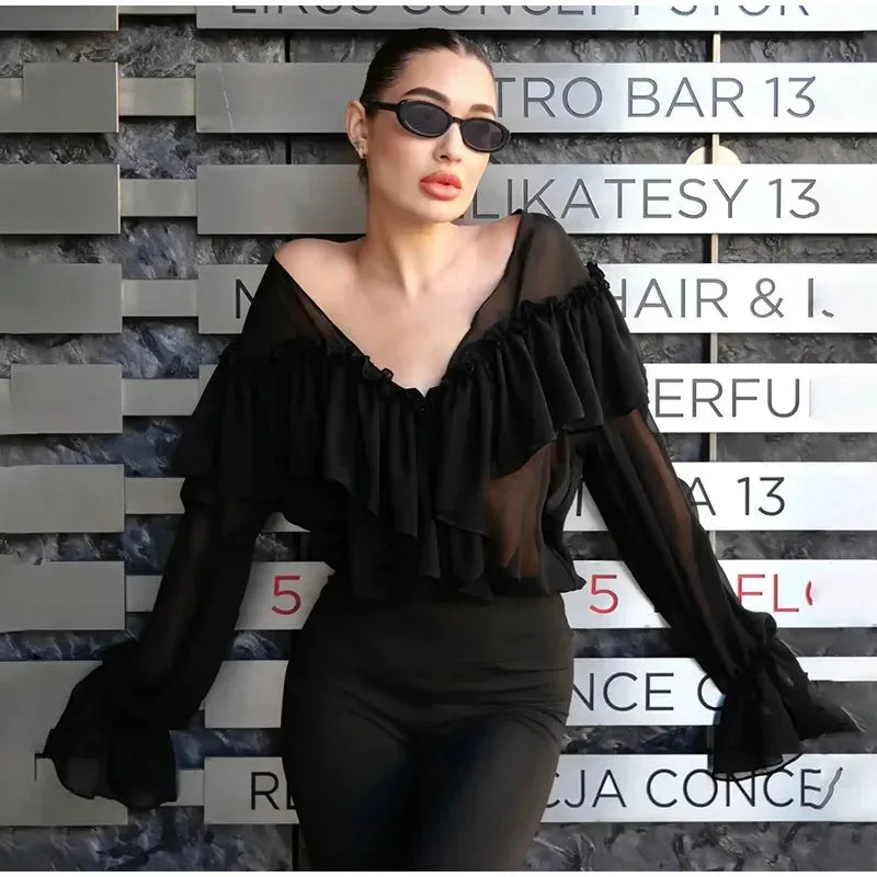 White Chiffon Shirt Women's V-Neck Sexy See Through Shirt Beach Ruffle Blouse