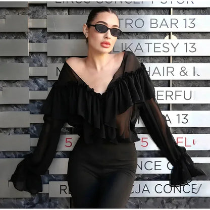 White Chiffon Shirt Women's V-Neck Sexy See Through Shirt Beach Ruffle Blouse