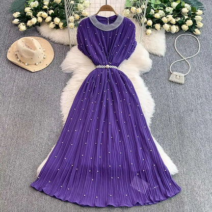 Summer Luxury Pearls Long Chiffon Dress For Women Loose Big Size Short Sleeve Crystal Birthday Evening Midi Pleated Dresses