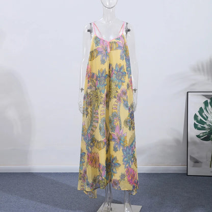 Print Floral Women's Dress Halter V-neck Sleeveless Hollow out Straight Vacation Dress