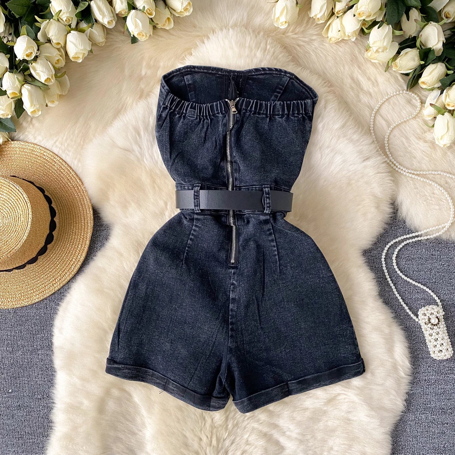 Women Denim One Pieces Summer Playsuit High Waist Slim Sleeveless Strapless Sashes Outfits