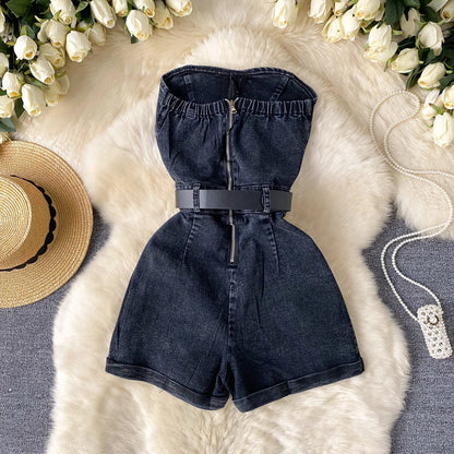 Women Denim One Pieces Summer Playsuit High Waist Slim Sleeveless Strapless Sashes Outfits