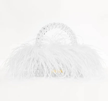 Pearl Bead Bag With Feather Fur Designer Brand Clear Acrylic Crystal Handbag Handmade