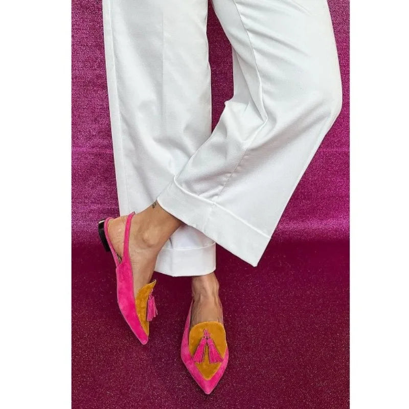 Color Block Women's Flat Shoes Pointed Tassel Low Heel Back Air Sandals
