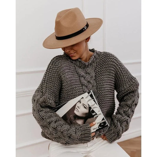 Loose Knitted Casual Sweater V Turtleneck Twist Women's Pullover Sweater