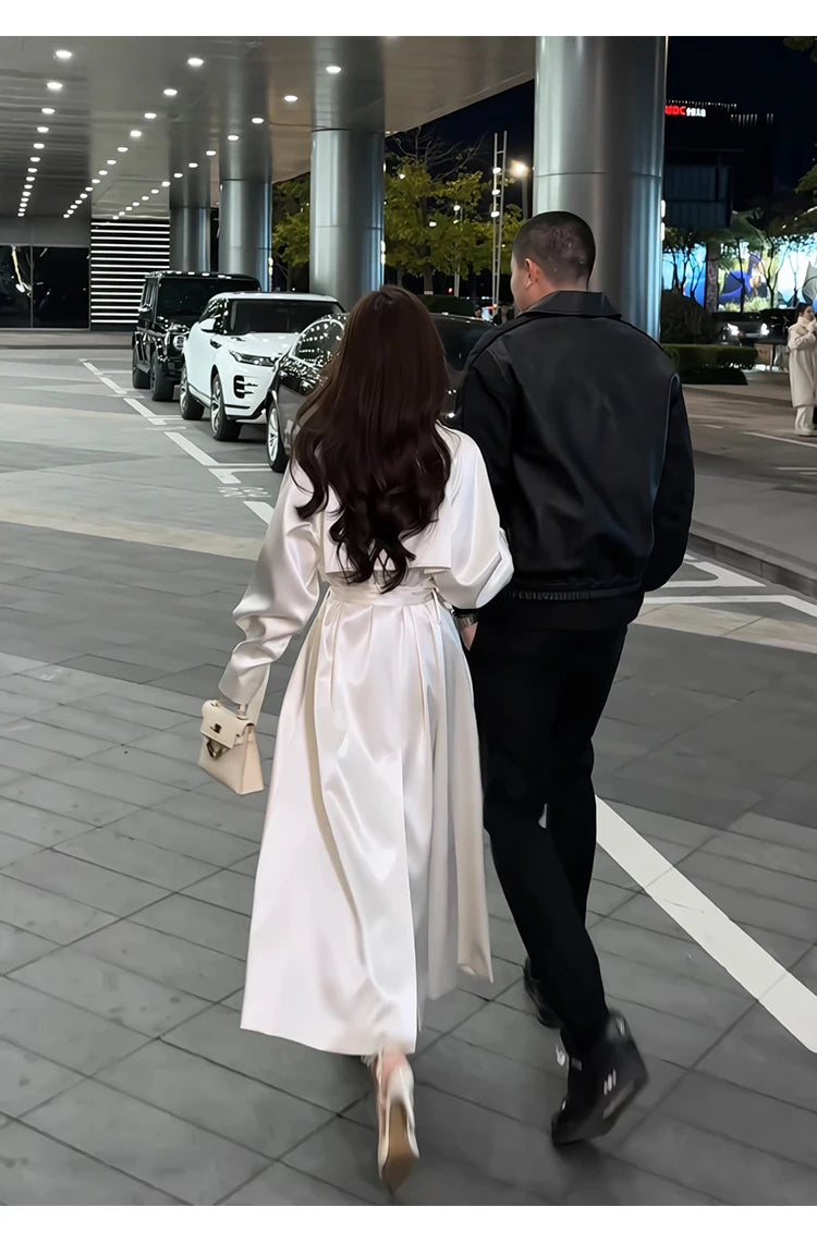 Long Flowy Shiny White Trench Coat for Women Double Breasted Design