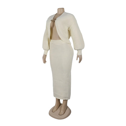 High Quality Elegant Knit Women 2 Piece Set Outfit Hollow Out Lantern Sleeve Crop Cardigan + Long Skirt Suit Streetwear