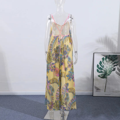 Print Floral Women's Dress Halter V-neck Sleeveless Hollow out Straight Vacation Dress