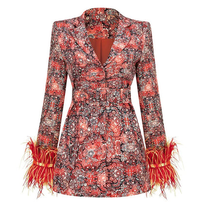 High-end Women's Blazer Dress Cuffs Adorned with Feather Print Dress