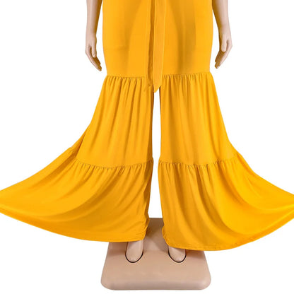 Plus Size Pants Sets Two Piece Outfits Summer Holiday Solid Bandage Top Wide Leg New Matching Suit