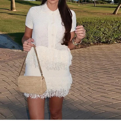 Knit Tassel Skirt Sets Women Hollow Out Lapel Single Breasted Short Sleeve Tops Mini Skirts