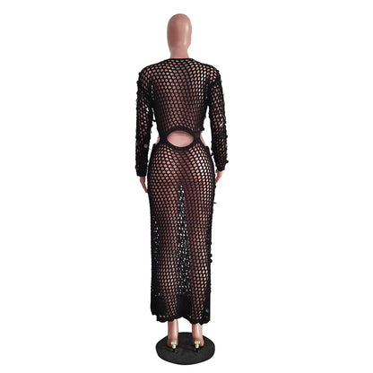Fishnet Knitting Hollow Sequins Maxi Dress Sexy See Through Vacation Beach Dress Resort Wears