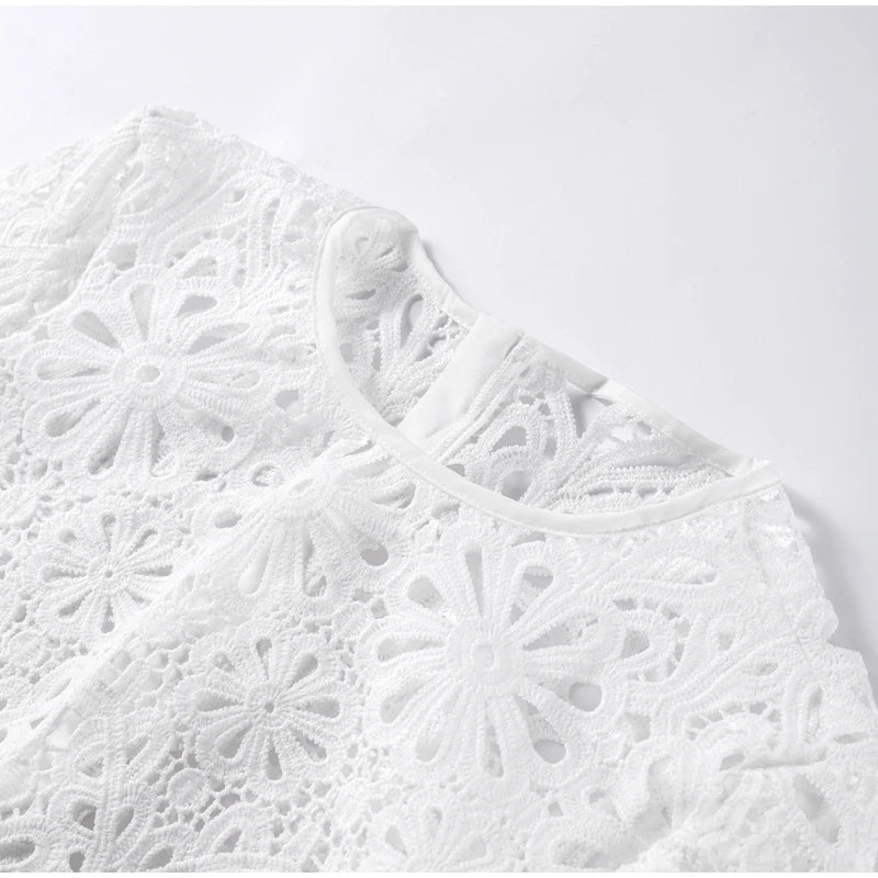 Summer Vacation See Through Crochet Top Women Set Hallow Out Flare Long Sleeve Skirts Set