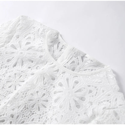 Summer Vacation See Through Crochet Top Women Set Hallow Out Flare Long Sleeve Skirts Set