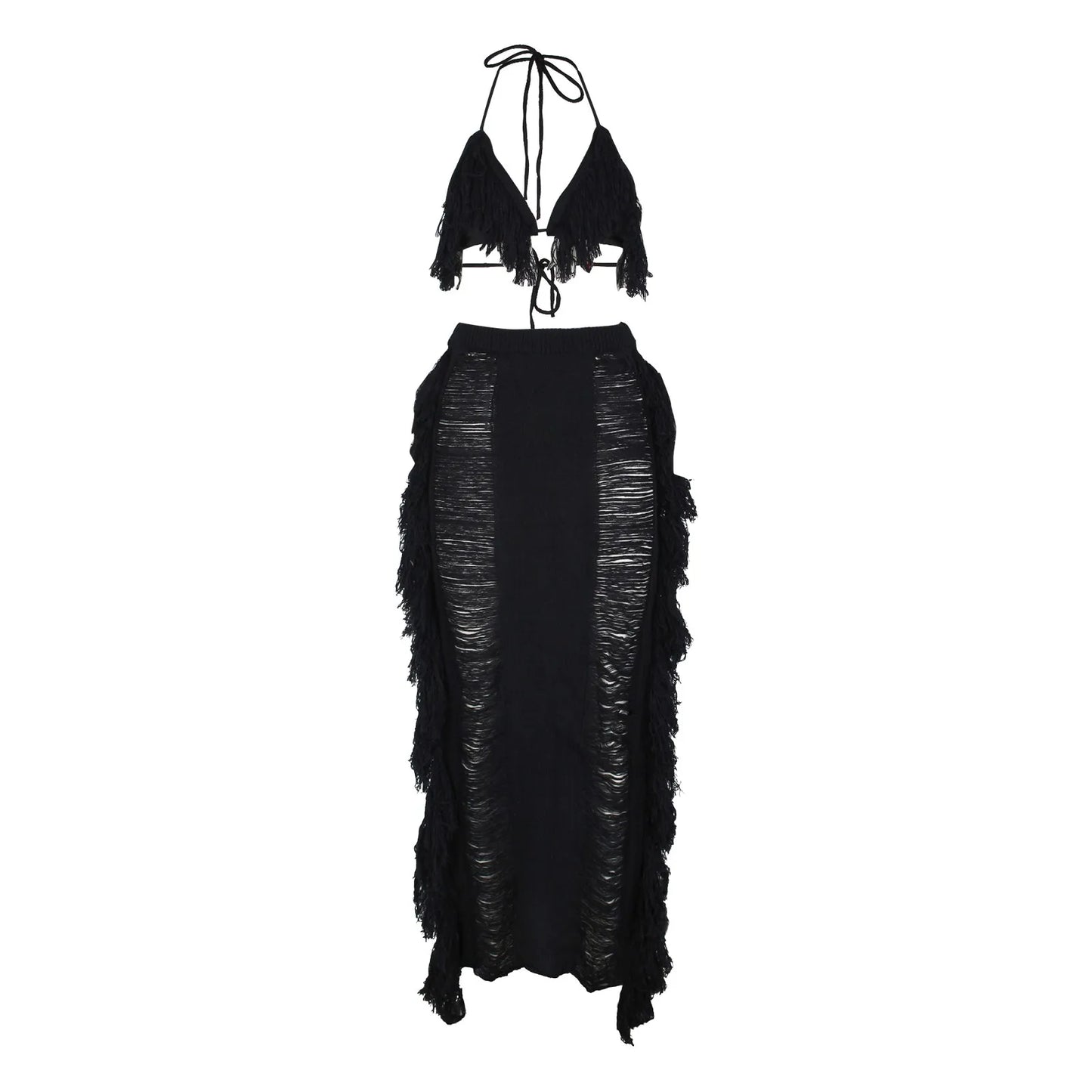 Sexy Elegant Hollow Out Knitted Tassel Wrap Hip Skirt Suit Women Vacation Beach 2 Piece Sets