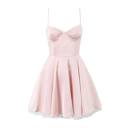 Summer Women Sexy Elegant Sling A-line Mini Dress Birthday Party Satin Dress