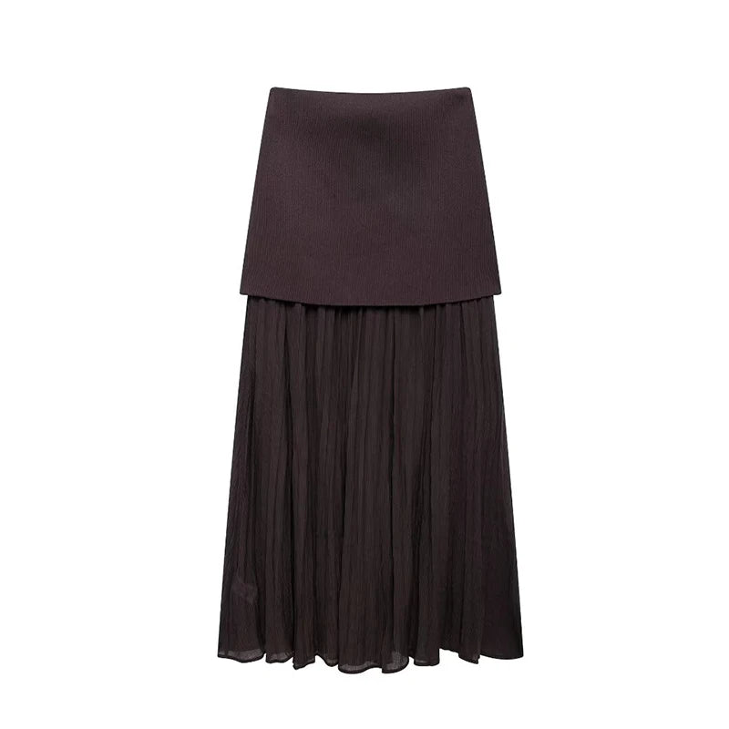 Knitted Patchwork Pleated Side Zipper Midi Skirt Vintage High Waist Female Chic Lady Skirts