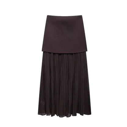 Knitted Patchwork Pleated Side Zipper Midi Skirt Vintage High Waist Female Chic Lady Skirts