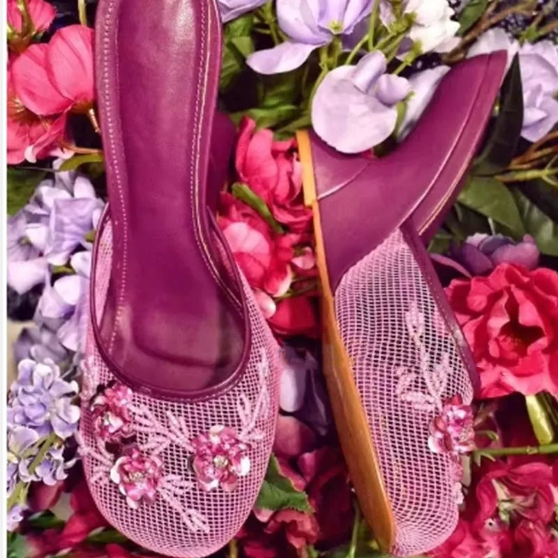 Women Summer Wedges Mesh Shoes Flower Round Toe Slip-On Hollow High Heeled sandals