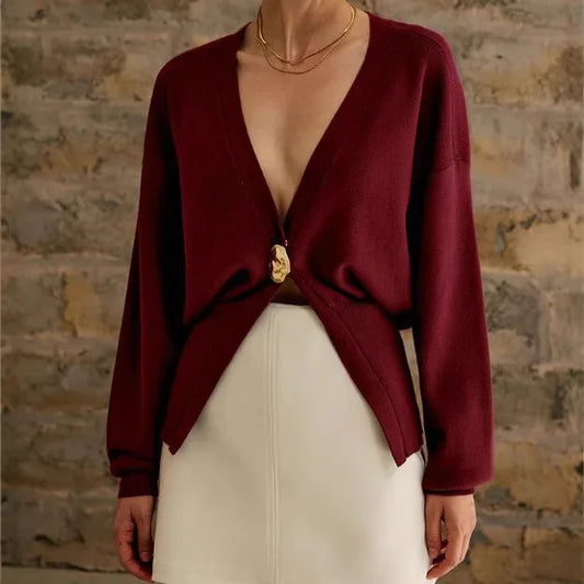 Women's Button Knitted Cardigan Vintage V Neck Full Sleeve Cropped Sweater