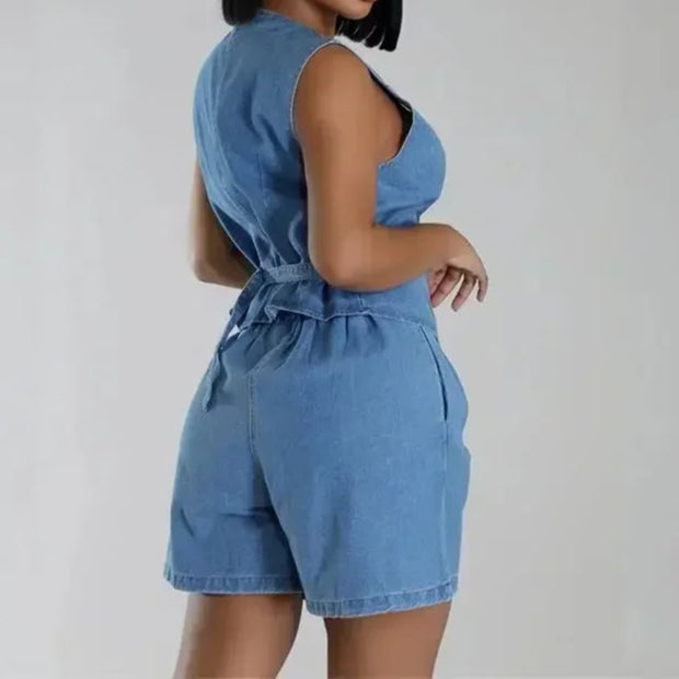 Summer V Neck Sleeveless Waistcoats Women Two Piece Sets Straight Denim Shorts Female Suits