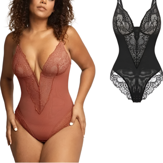 Sexy Deep V-Neck Lace Slimming Body Shaper Plus Size Tummy Control Push Up Bodysuit