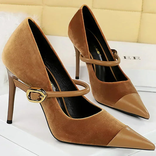 Women Pointed Toe Stiletto High Heels Mary Jane Buckle Pumps Burgundy Heels