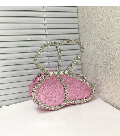 White Rhinestone Pink Butterfly Wedding Evening Clutches Party Prom Purse