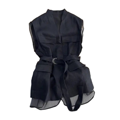 Black Blouse Sleeveless Vest Tops for Women Mesh Patchwork Shirt