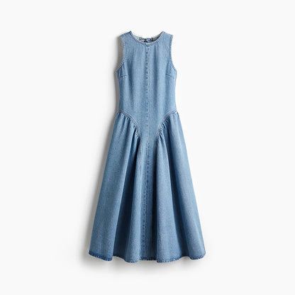 Women's Vintage Hollow Out Denim Maxi Dress Backless A Line Denim Robes Lace Up Dress