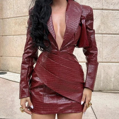 Women Sexy Deep V Red Lattice Leather Mini Dress